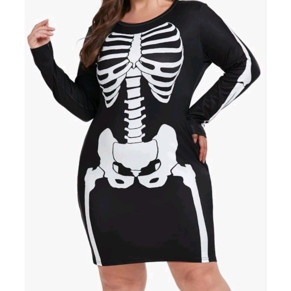 New ZOMVA Plus Size 2X Black Skeleton Dress Costume Polyester Spandex Runs Small